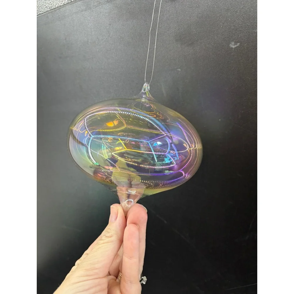 Iridescent Hand Blown Glass Onion Ornament Clear Rainbow Aurora Borealis 4 Inch